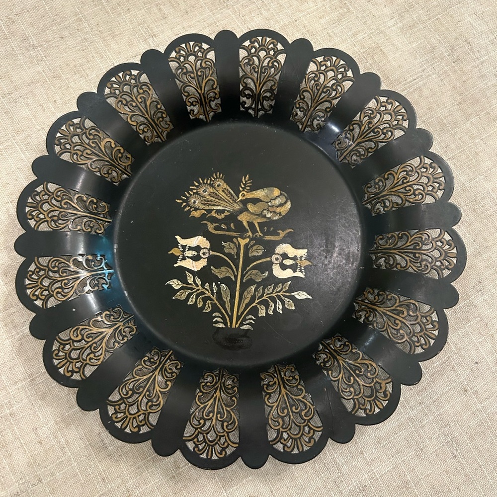 Vintage Antique Tole Decorative Metal Plate with Pierced Edge